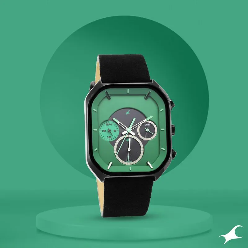 Fastrack NS3270NL01 After Dark Quartz Analog with Day and Date Green Dial Leather Strap Watch